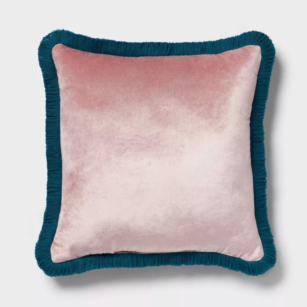 NEW Velvet Contrast Fringe Dec Pillow Square Mauve/Teal Blue - Threshold Target